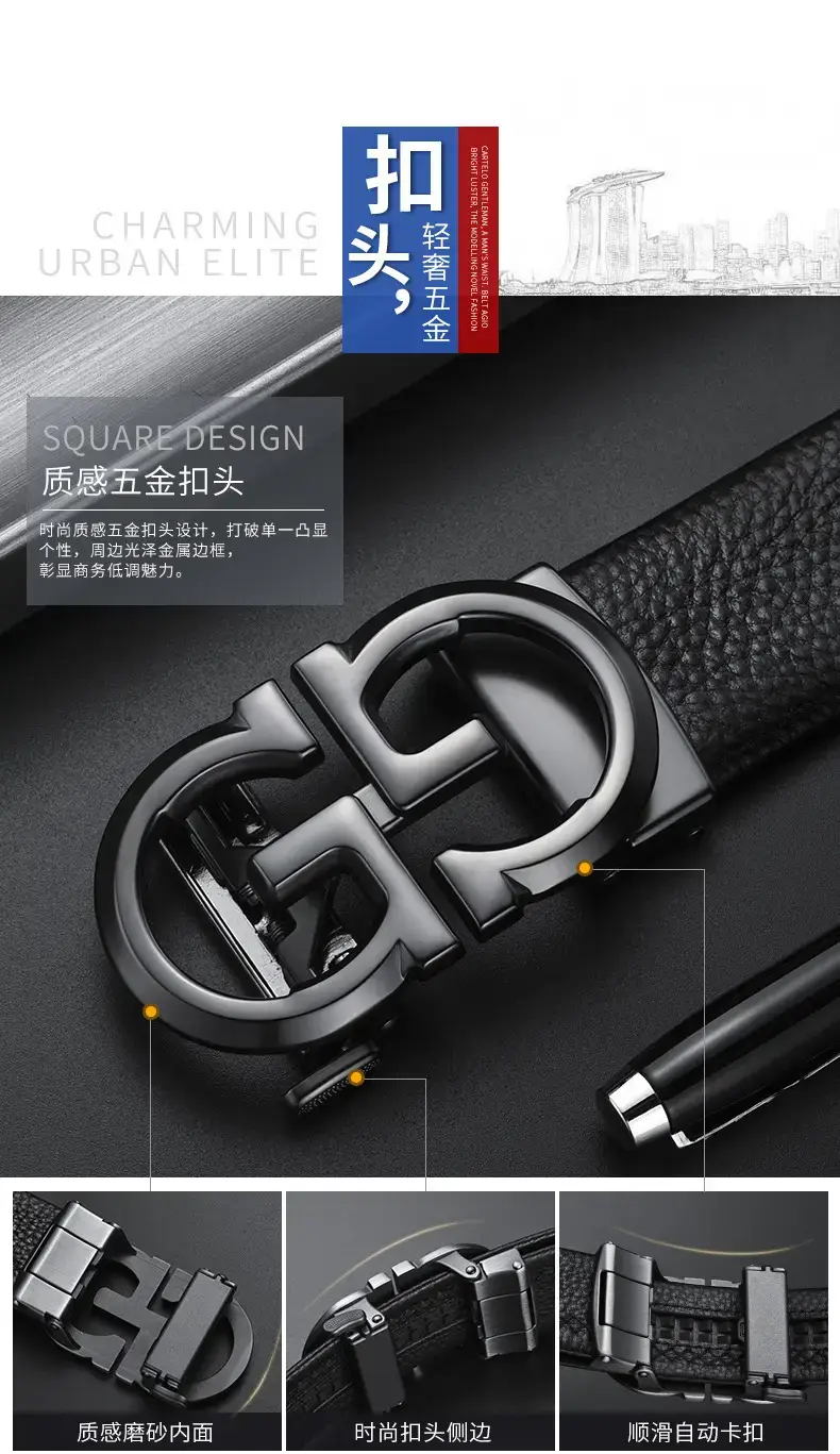 Gold Plated Black Leather Belt with Automatic Buckle β feature 4