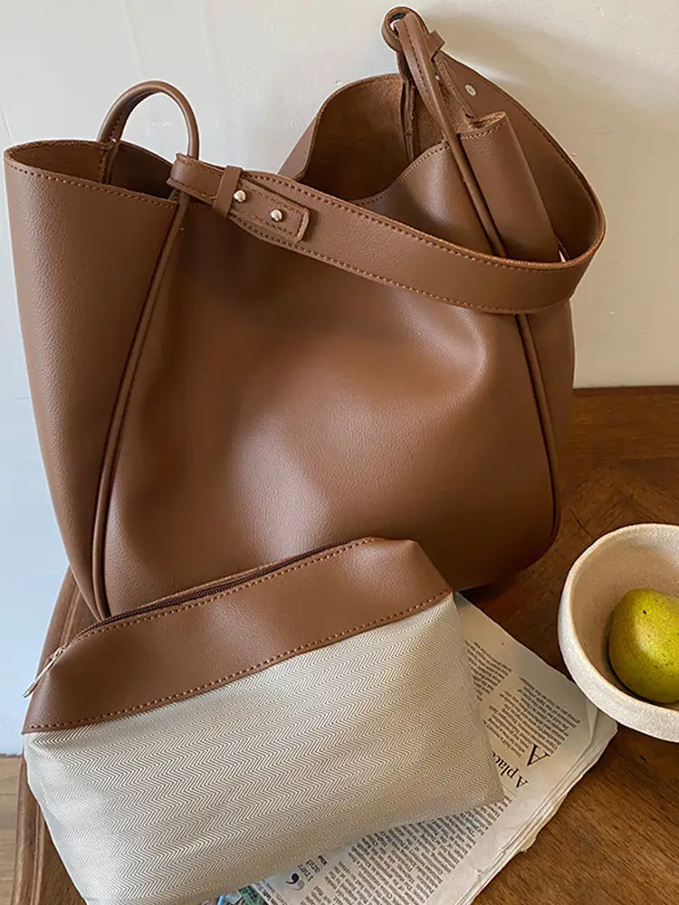 Brown PU Leather Women's Tote Bag Large Capacity Single Shoulder - Image 5