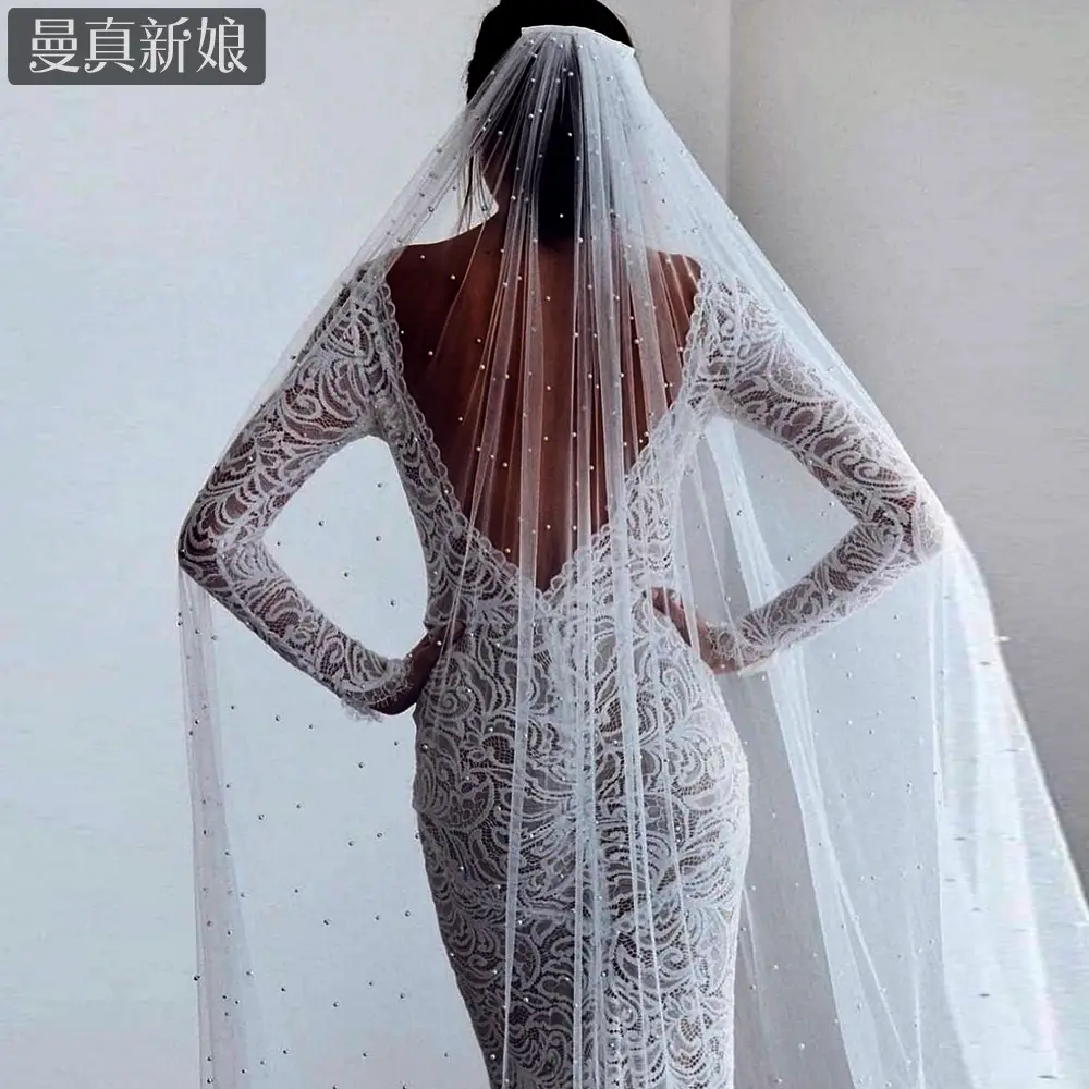 White Beaded Bridal Veil with Hair Accessory - Image 15