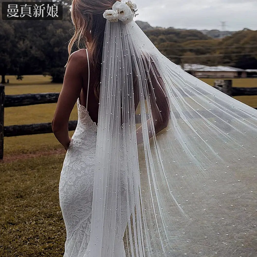 White Beaded Bridal Veil with Hair Accessory - Image 16