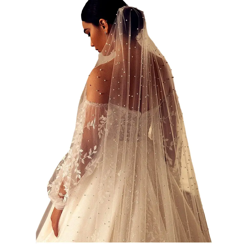 White Beaded Bridal Veil with Hair Accessory - Image 18