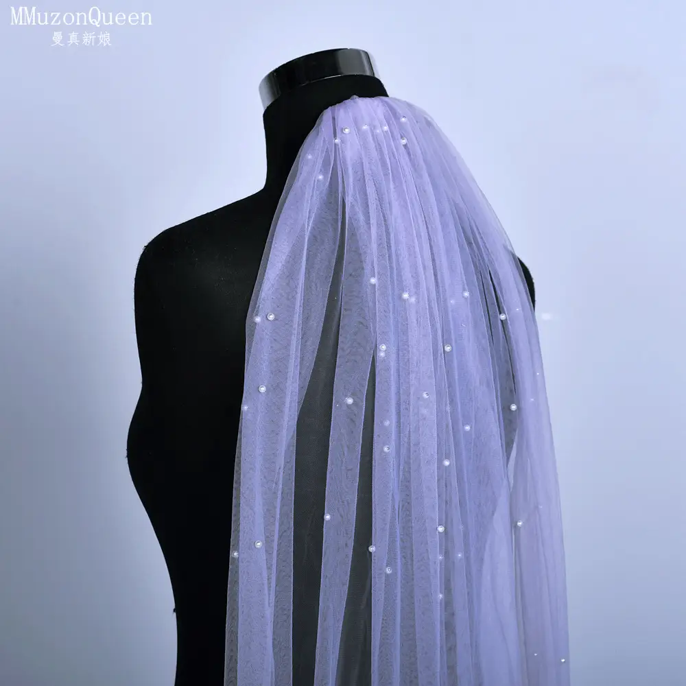 White Beaded Bridal Veil with Hair Accessory — feature 10