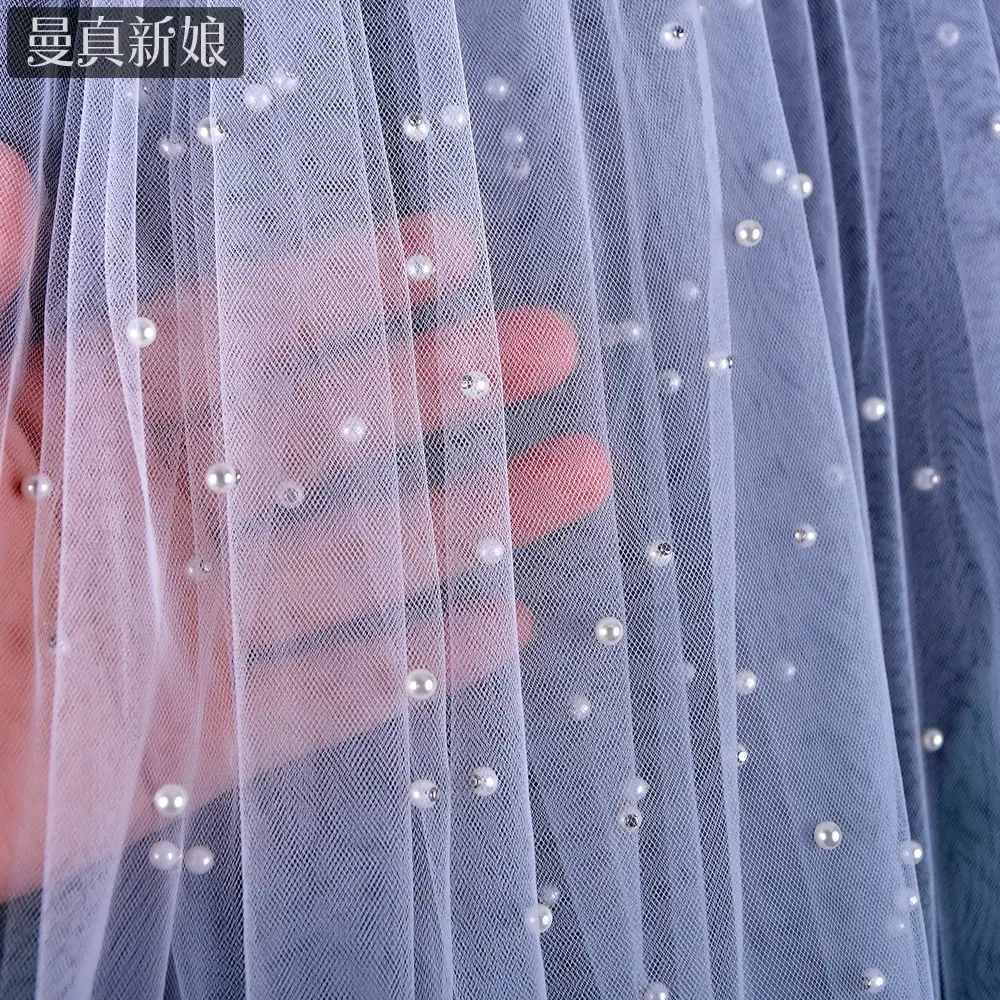 White Beaded Bridal Veil with Hair Accessory — feature 13