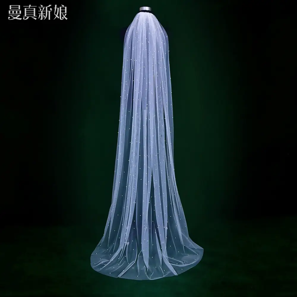 White Beaded Bridal Veil with Hair Accessory - Image 10