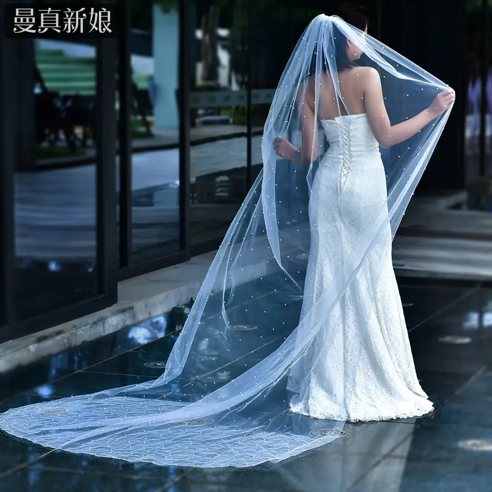 White Beaded Bridal Veil with Hair Accessory - Image 12