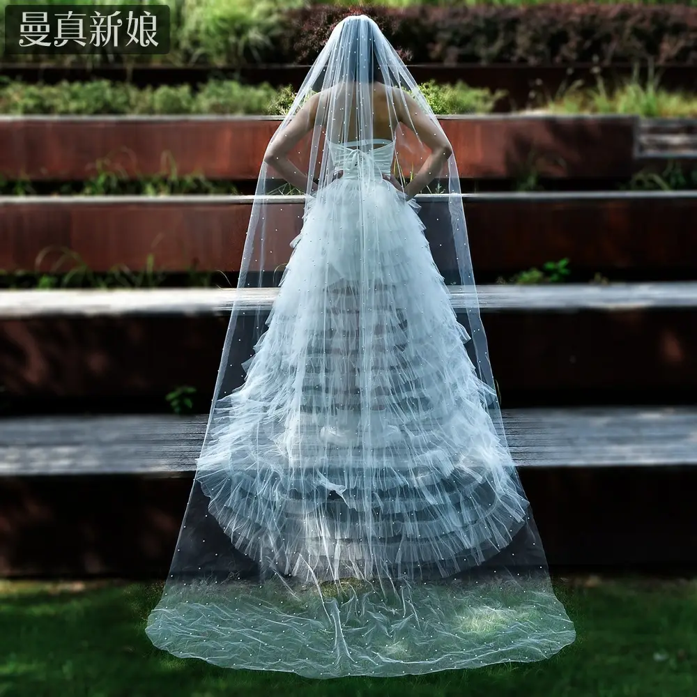 White Beaded Bridal Veil with Hair Accessory - Image 13