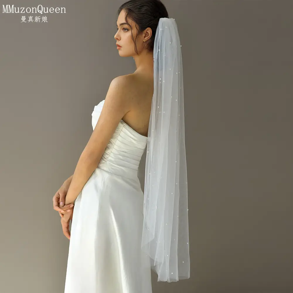 White Beaded Bridal Veil with Hair Accessory - Image 4