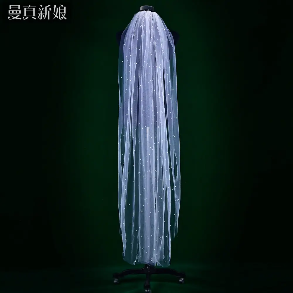 White Beaded Bridal Veil with Hair Accessory - Image 6