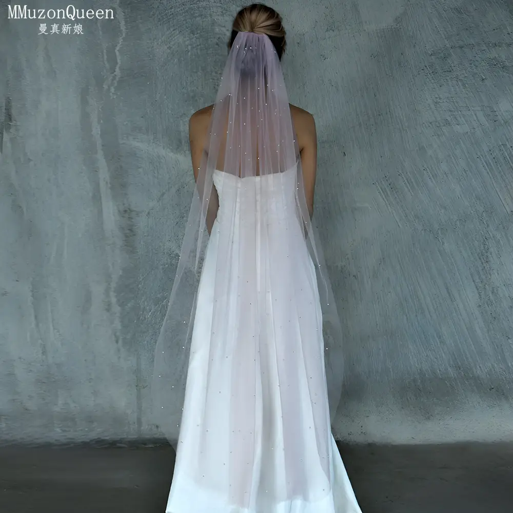 White Beaded Bridal Veil with Hair Accessory - Image 7