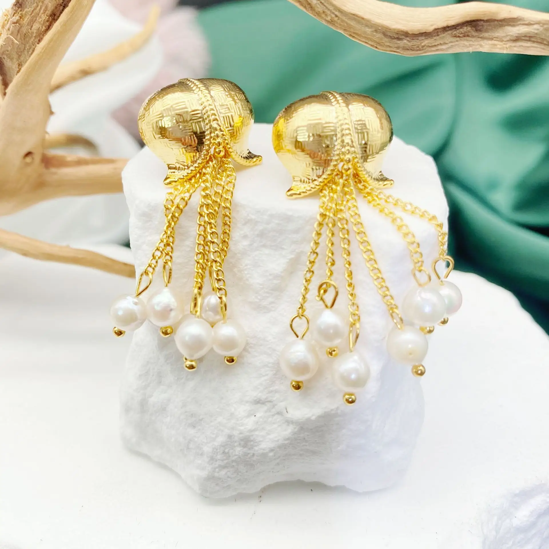 Golden Pearl Drop Earrings for Women - Image 2