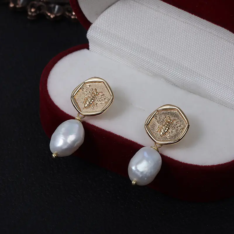 Hexagonal Bee Pearl Earrings Gold Plated