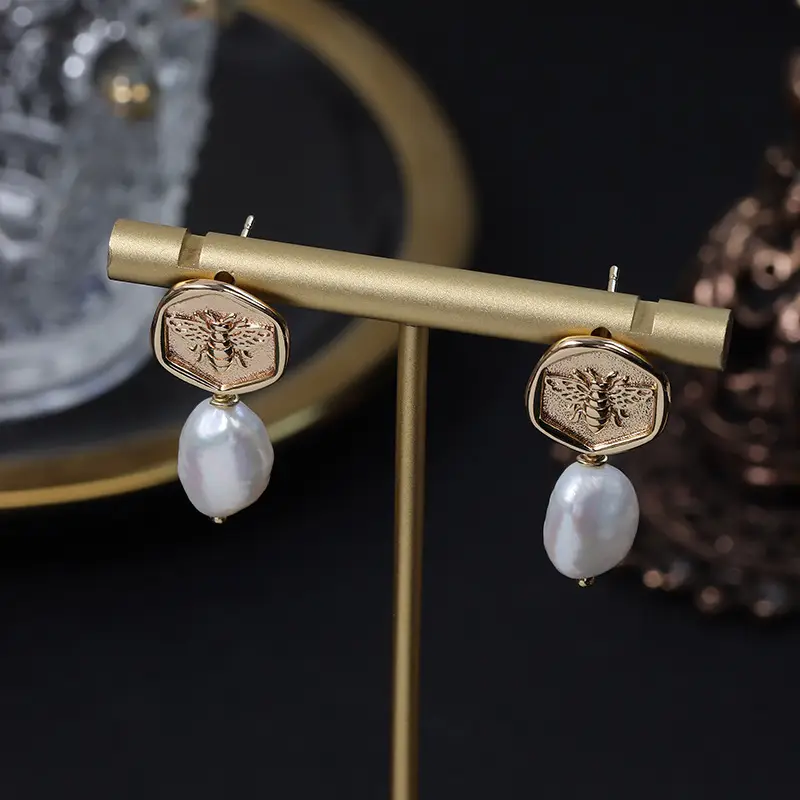 Hexagonal Bee Pearl Earrings Gold Plated