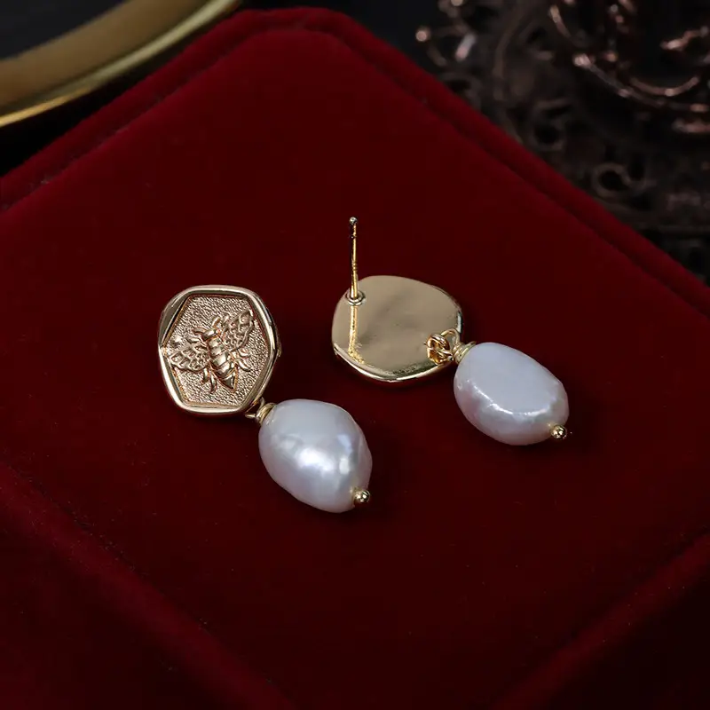Hexagonal Bee Pearl Earrings Gold Plated
