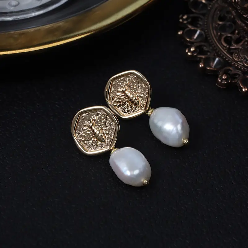 Hexagonal Bee Pearl Earrings Gold Plated