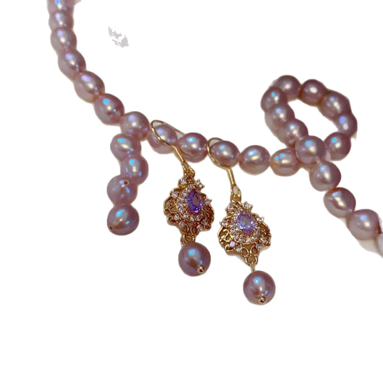 Vintage Purple Zircon Pearl Baroque Earrings 925 Silver Plated - Image 5