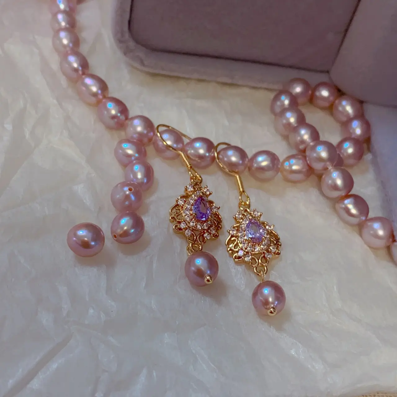Vintage Purple Zircon Pearl Baroque Earrings 925 Silver Plated — feature 5
