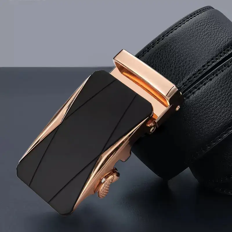 Men's Black Leather Belt with Rose Gold Buckle - Image 5