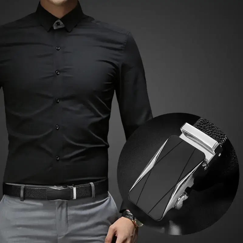 Men's Black Leather Belt with Rose Gold Buckle - Image 6