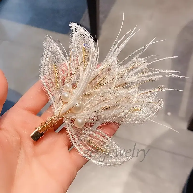 White Feather Pearl Clip Hairpin for Girls - Image 5