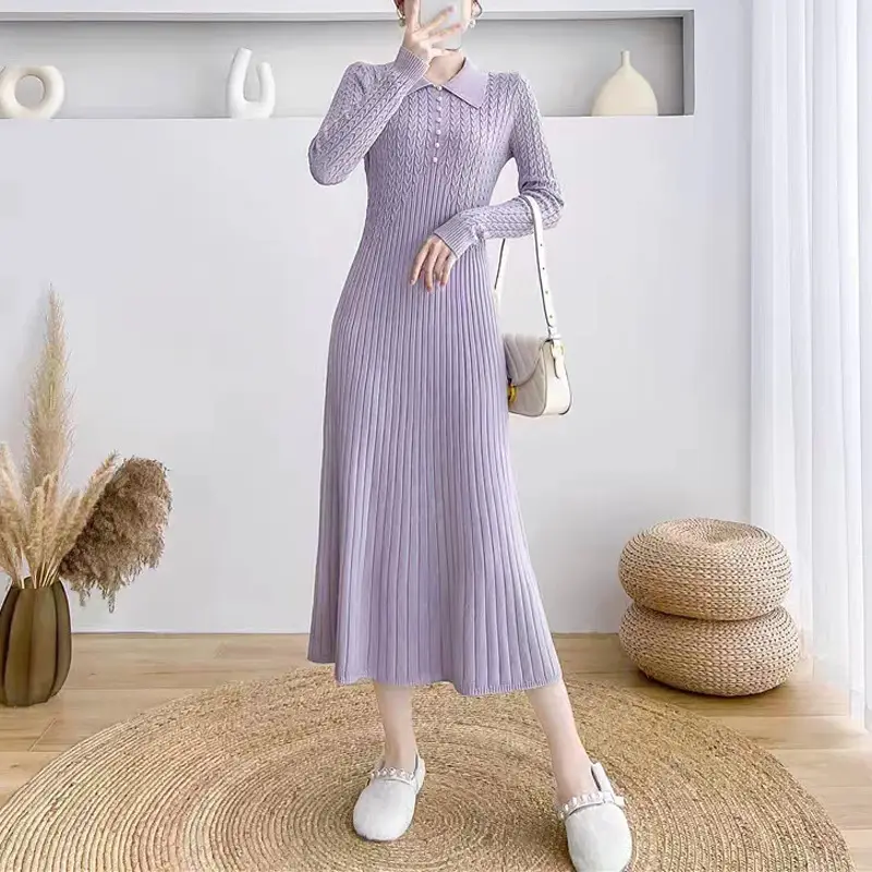 Black Knitted Lapel Long Sleeve Women's Dress
