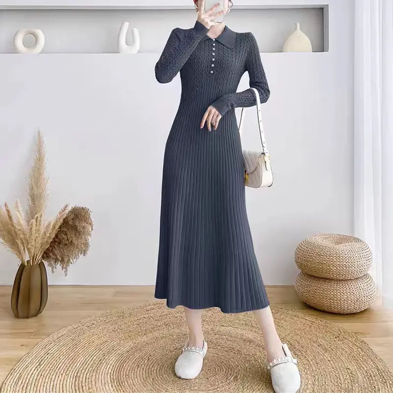 Black Knitted Lapel Long Sleeve Women's Dress