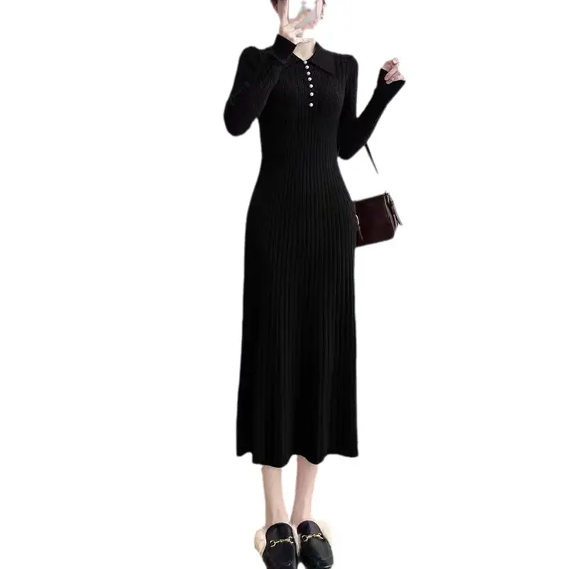 Black Knitted Lapel Long Sleeve Women's Dress