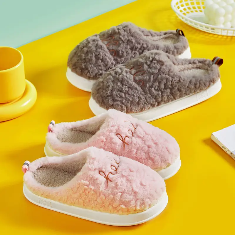 Hello Embroidered Plush Cotton Slippers Indoor Thickened Warm Cotton Slippers Non-Slip Home Winter Thick-Soled Fleece Cross-Border