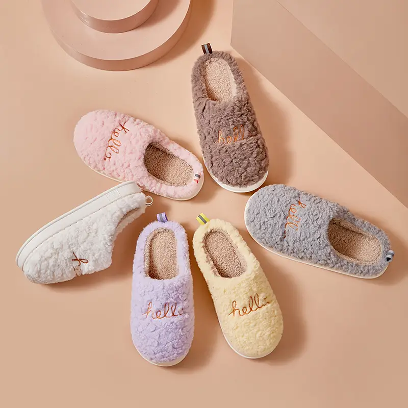 Hello Embroidered Plush Cotton Slippers Indoor Thickened Warm Cotton Slippers Non-Slip Home Winter Thick-Soled Fleece Cross-Border