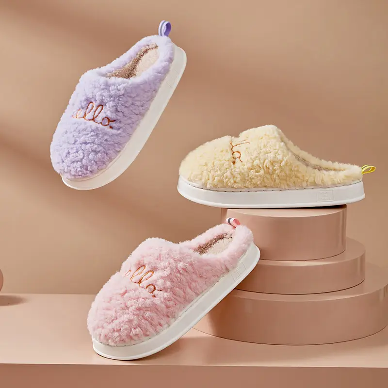 Hello Embroidered Plush Cotton Slippers Indoor Thickened Warm Cotton Slippers Non-Slip Home Winter Thick-Soled Fleece Cross-Border
