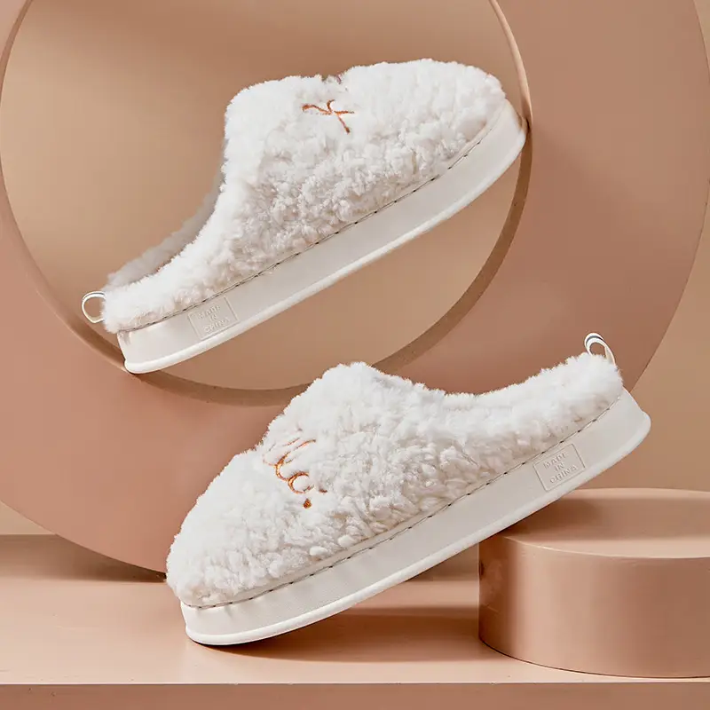 Hello Embroidered Plush Cotton Slippers Indoor Thickened Warm Cotton Slippers Non-Slip Home Winter Thick-Soled Fleece Cross-Border
