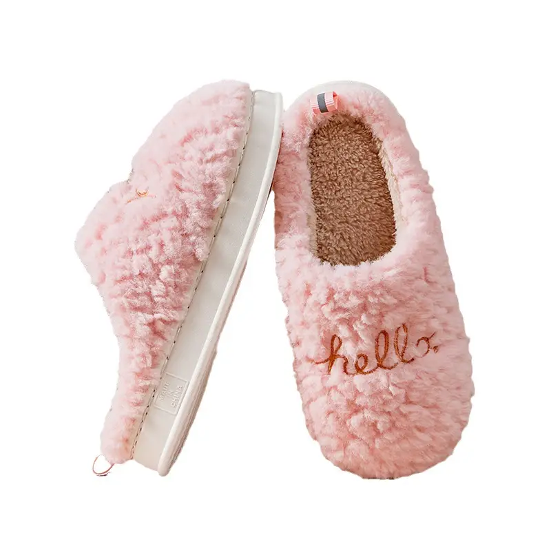 Hello Embroidered Plush Cotton Slippers Indoor Thickened Warm Cotton Slippers Non-Slip Home Winter Thick-Soled Fleece Cross-Border