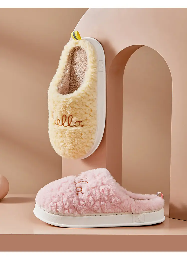 Hello Embroidered Plush Cotton Slippers Indoor Thickened Warm Cotton Slippers Non-Slip Home Winter Thick-Soled Fleece Cross-Border — feature 22