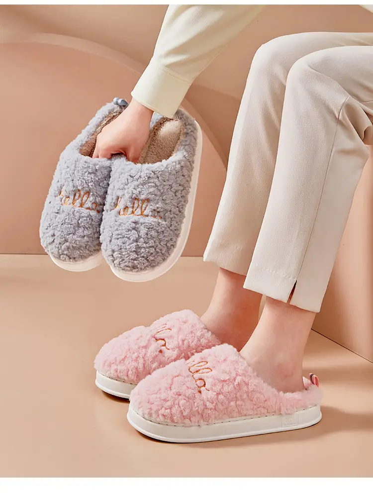 Hello Embroidered Plush Cotton Slippers Indoor Thickened Warm Cotton Slippers Non-Slip Home Winter Thick-Soled Fleece Cross-Border — feature 23