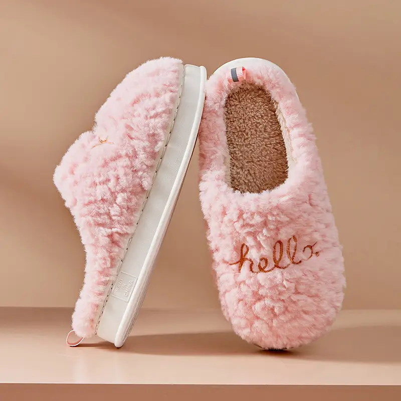 Hello Embroidered Plush Cotton Slippers Indoor Thickened Warm Cotton Slippers Non-Slip Home Winter Thick-Soled Fleece Cross-Border