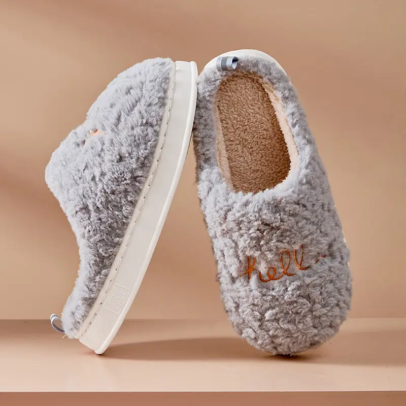 Hello Embroidered Plush Cotton Slippers Indoor Thickened Warm Cotton Slippers Non-Slip Home Winter Thick-Soled Fleece Cross-Border