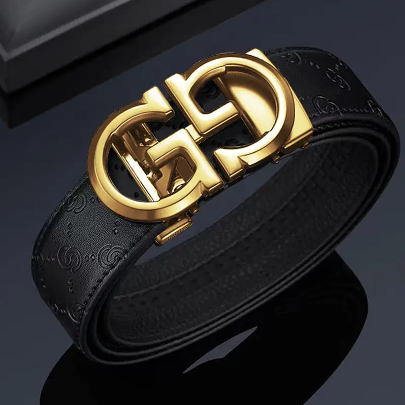 Gold Logo Leather Belt for Men Business Casual