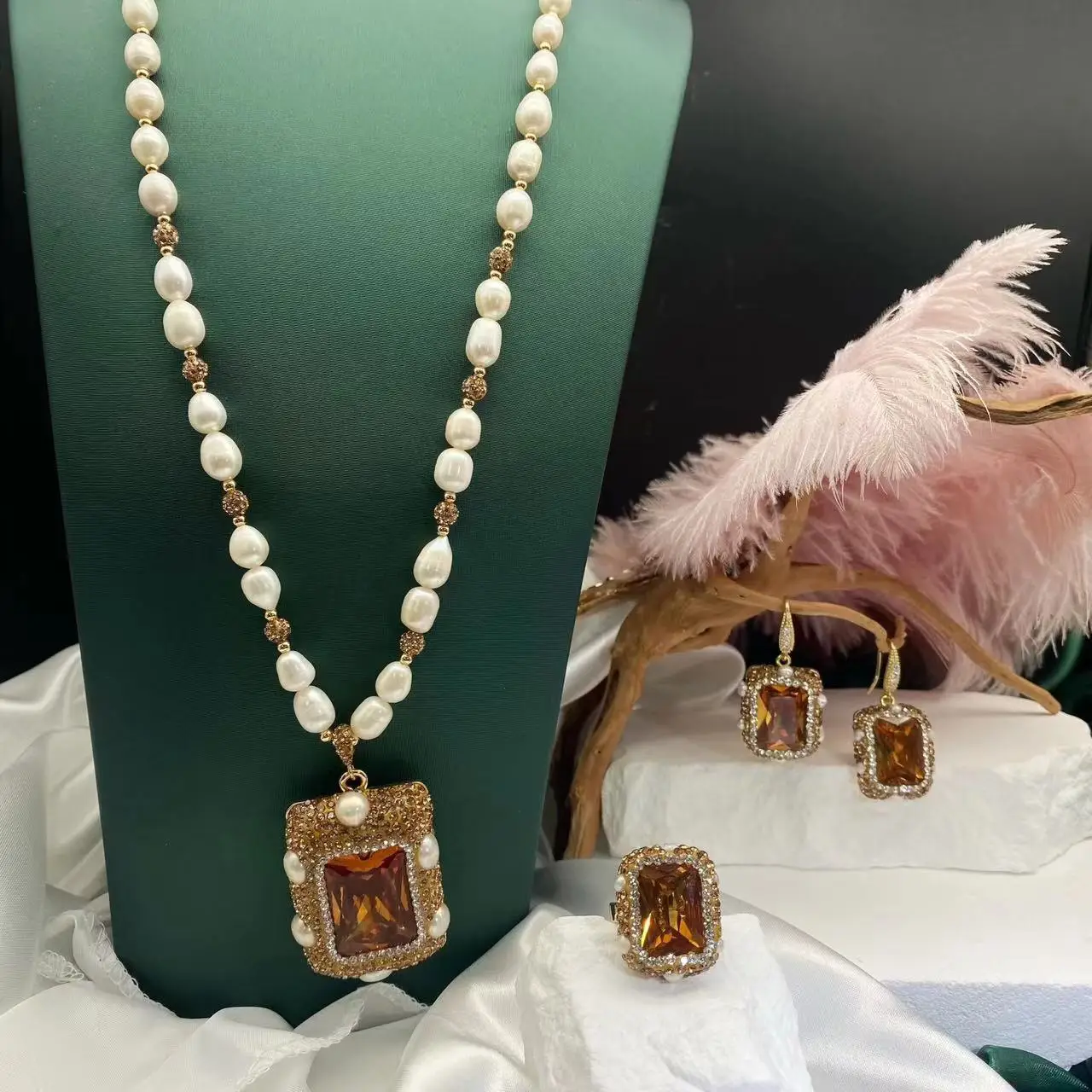 Natural Pearl Sudan Stone Necklace Ring Earrings Set