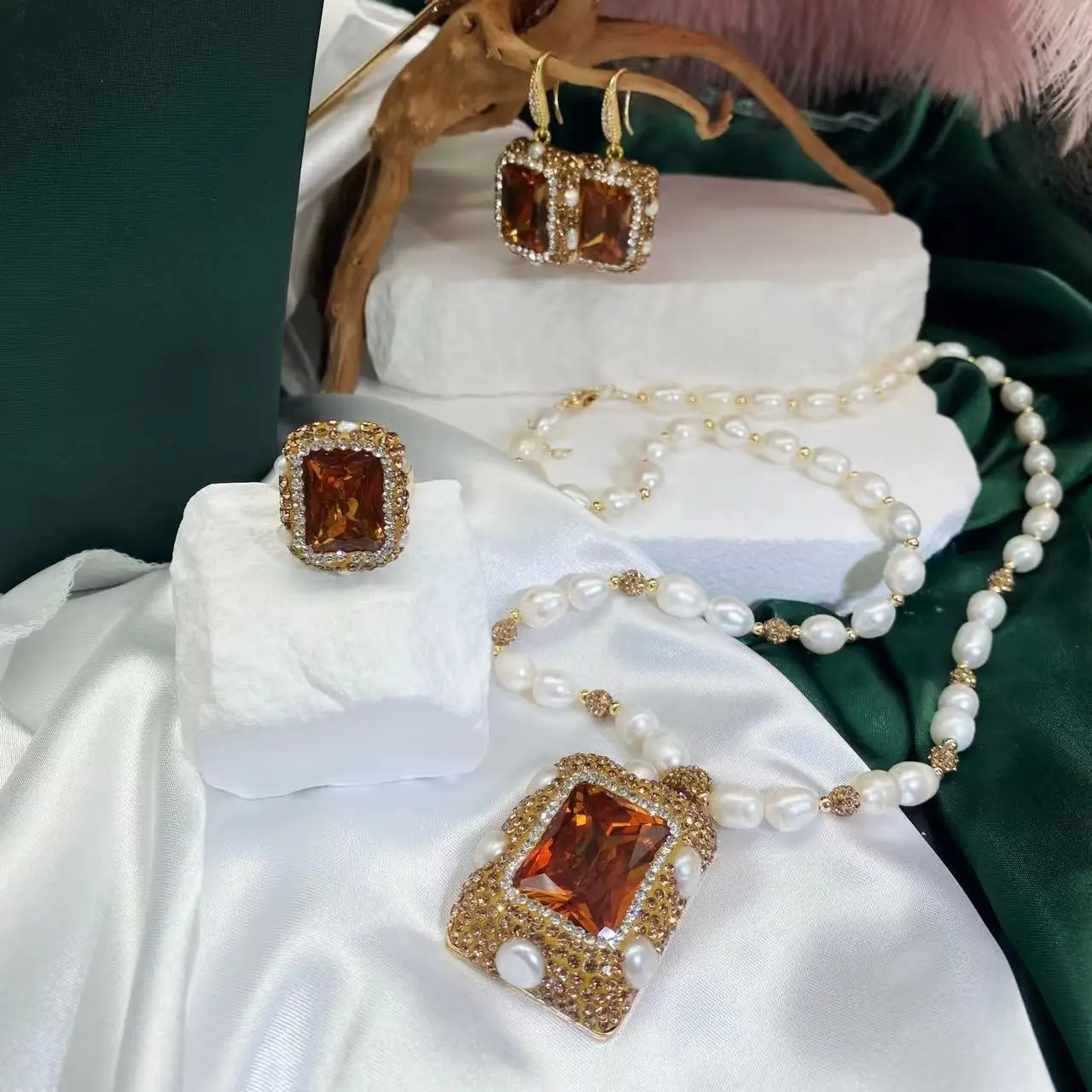Natural Pearl Sudan Stone Necklace Ring Earrings Set — feature 4