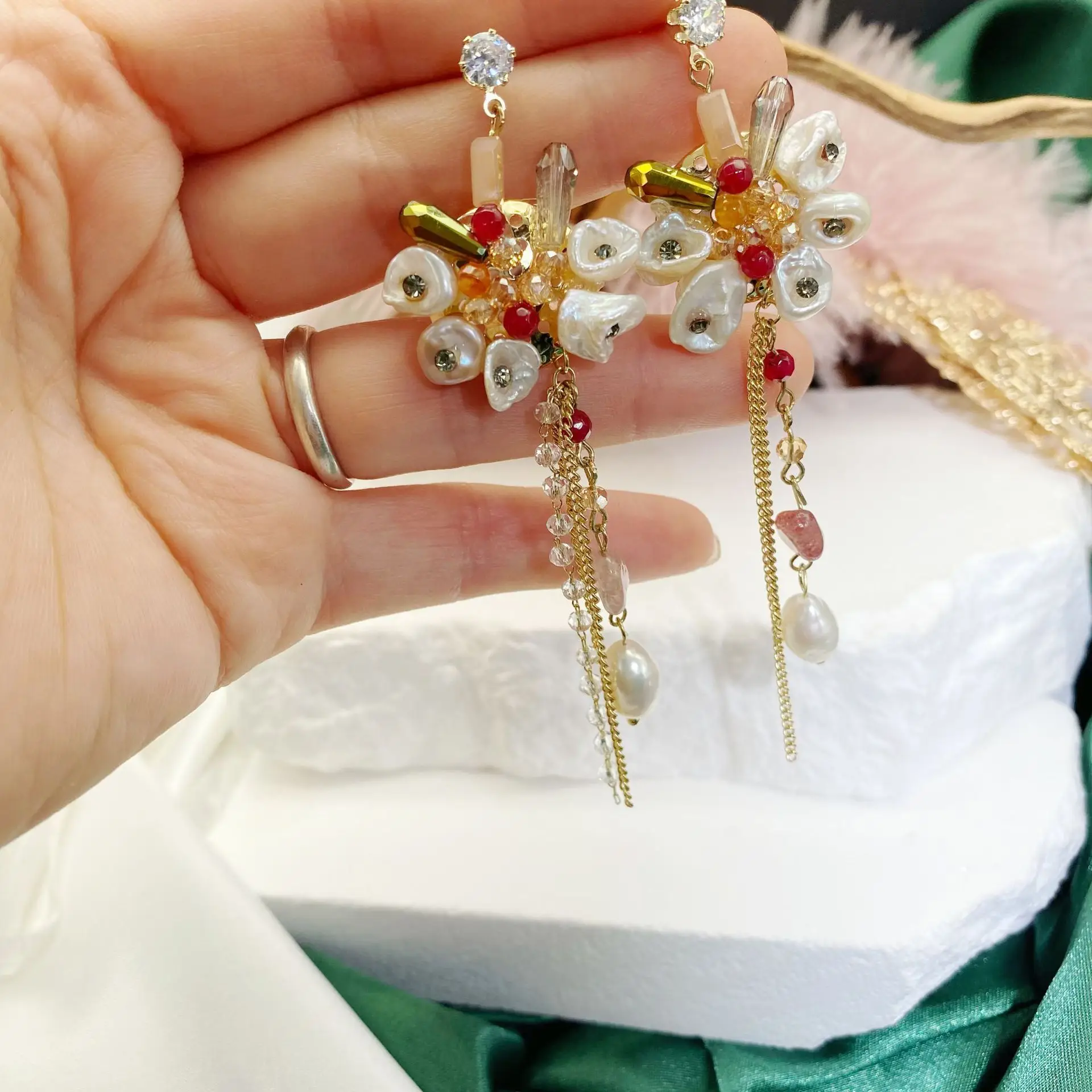 Natural Baroque Pearl Flower Tassel Earrings - Image 3