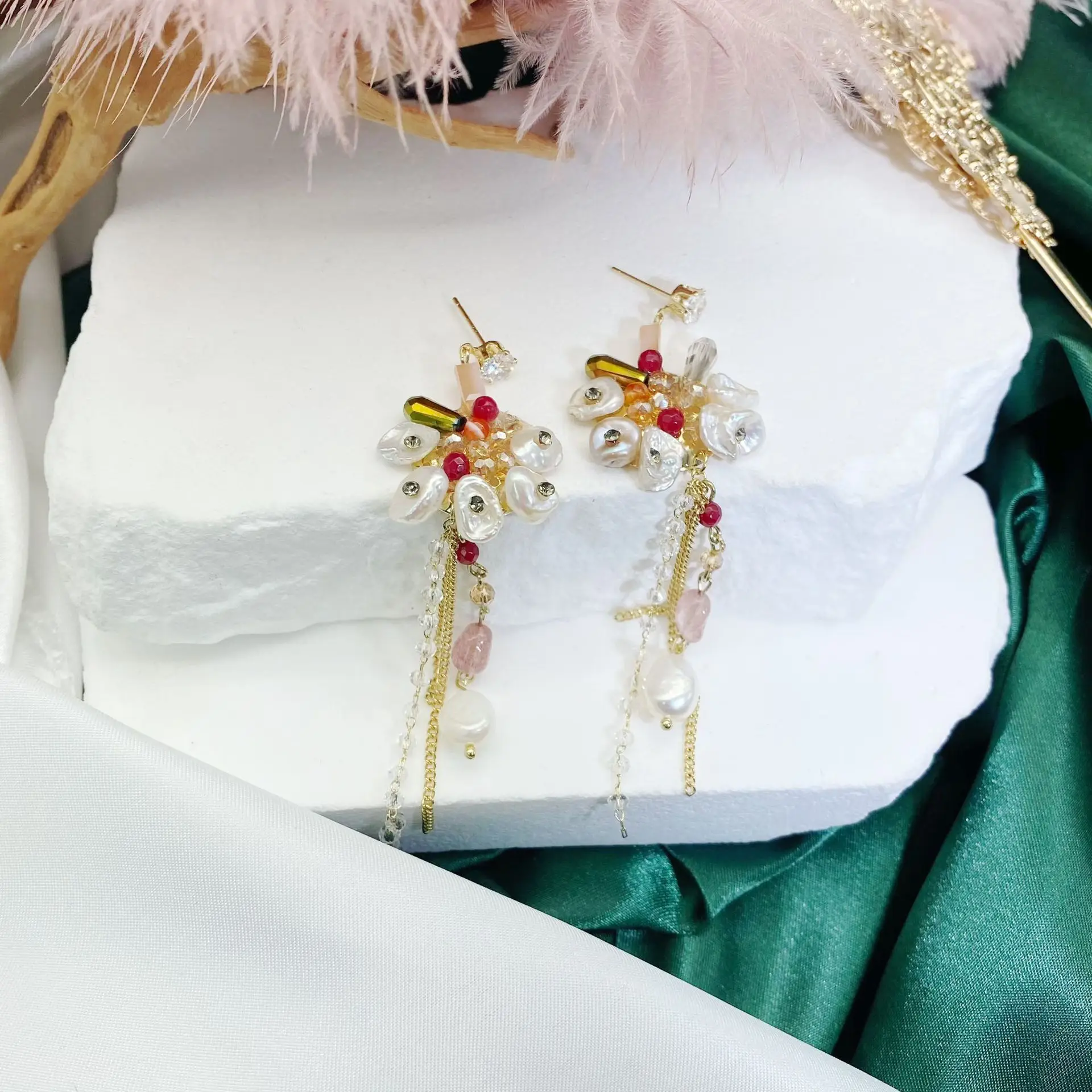 Natural Baroque Pearl Flower Tassel Earrings - Image 4