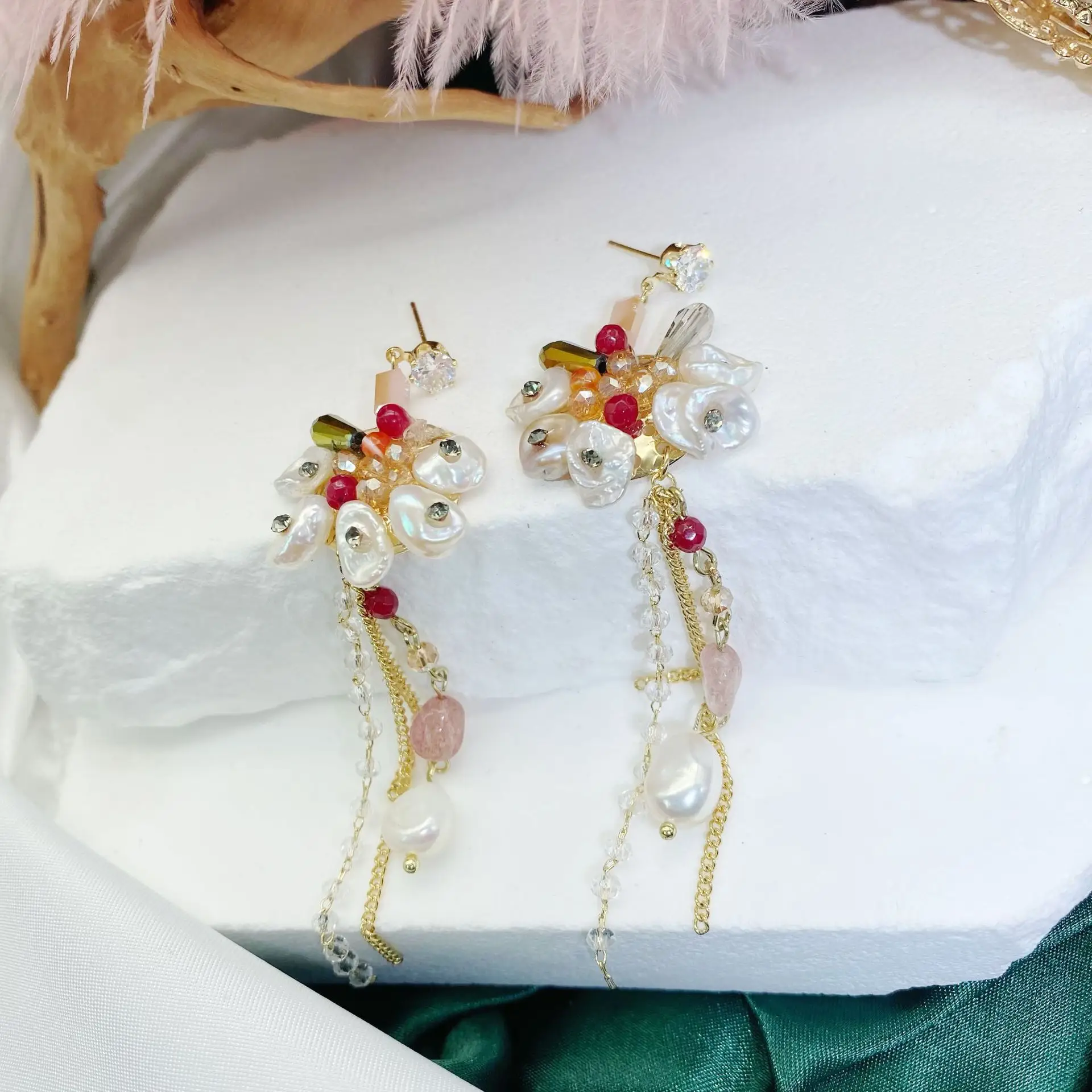 Natural Baroque Pearl Flower Tassel Earrings - Image 5