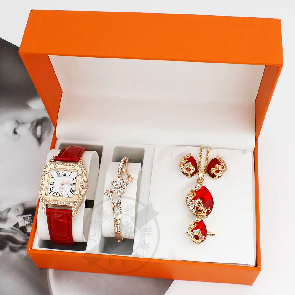 Women's Red Crystal Watch & Necklace Set — feature 8