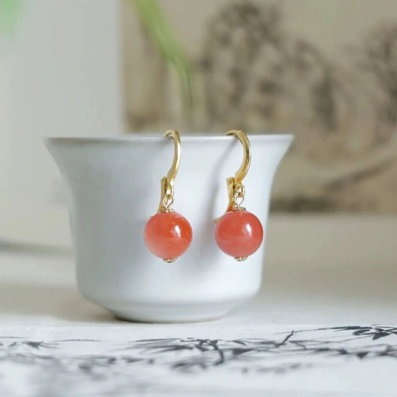 Natural South Red Agate Earrings Gold Plated
