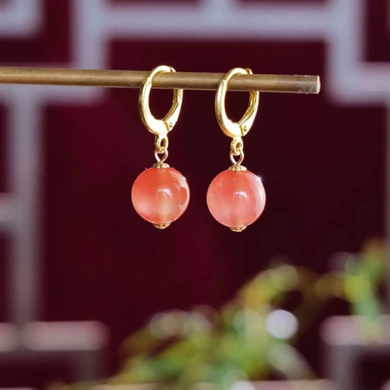 Natural South Red Agate Earrings Gold Plated