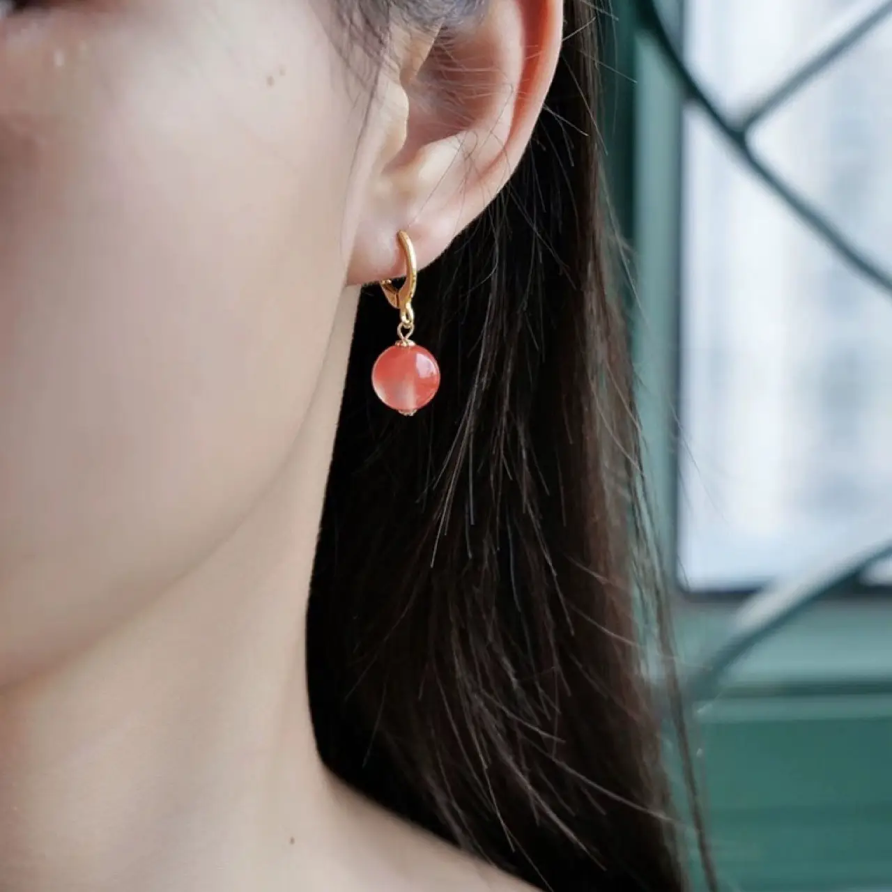 Natural South Red Agate Earrings Gold Plated