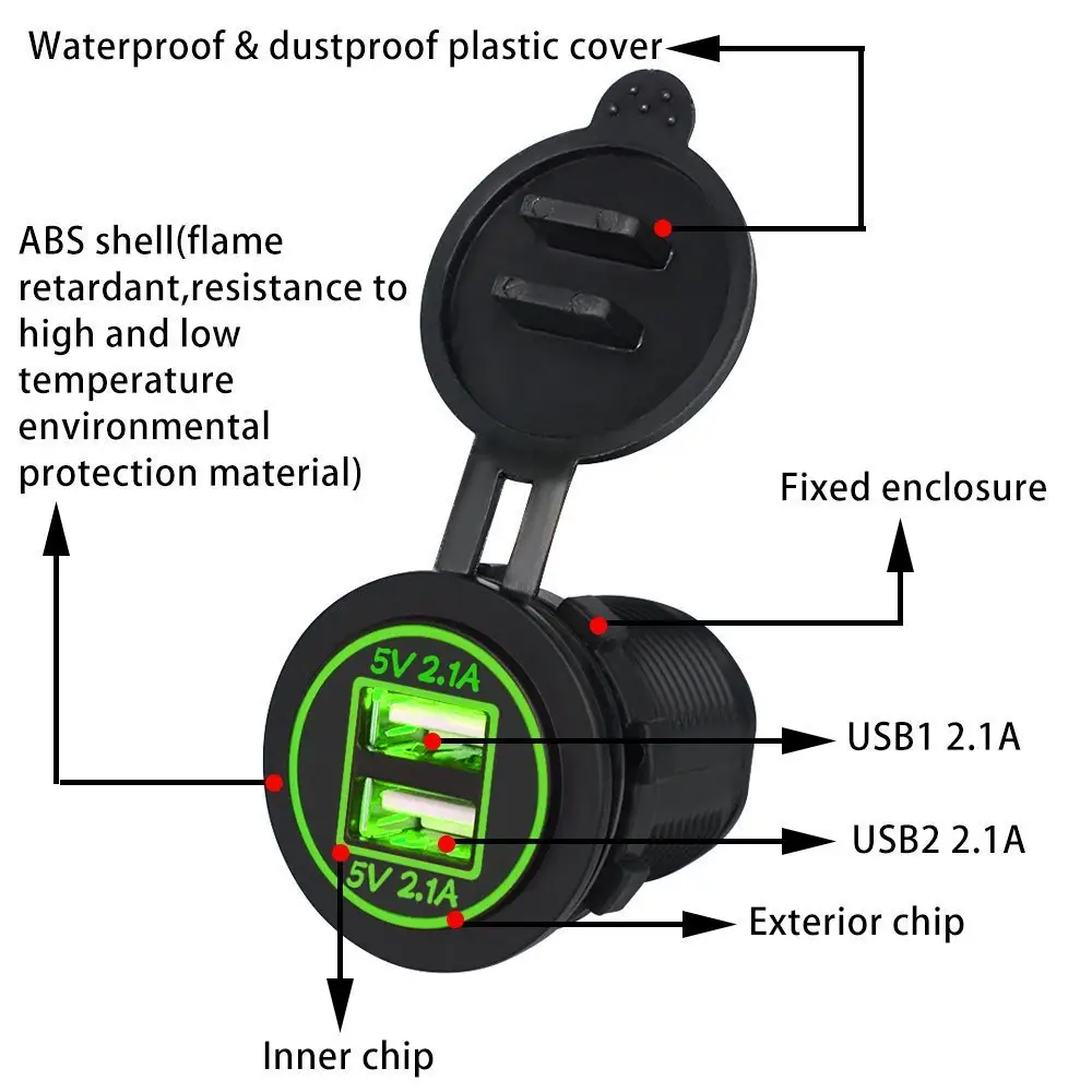 Dual 4.2A USB Charger for Car & Motorcycle Orange Blue Red Green — feature 2