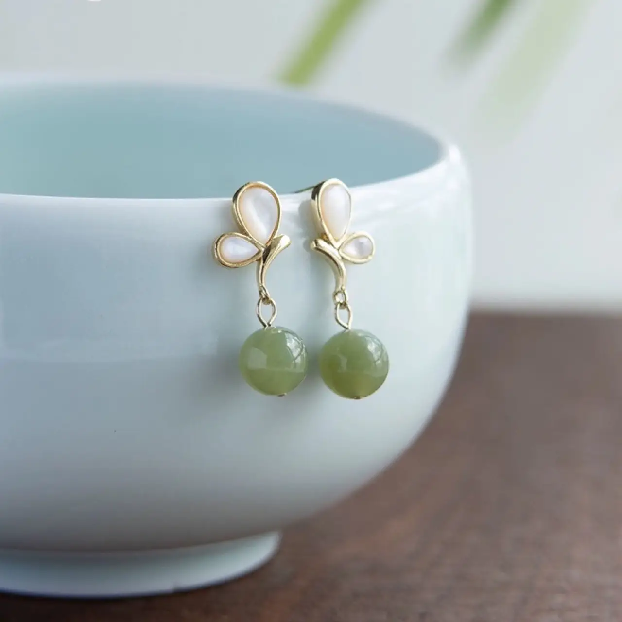 Elegant Green Jade Butterfly Earrings for Women - Image 3