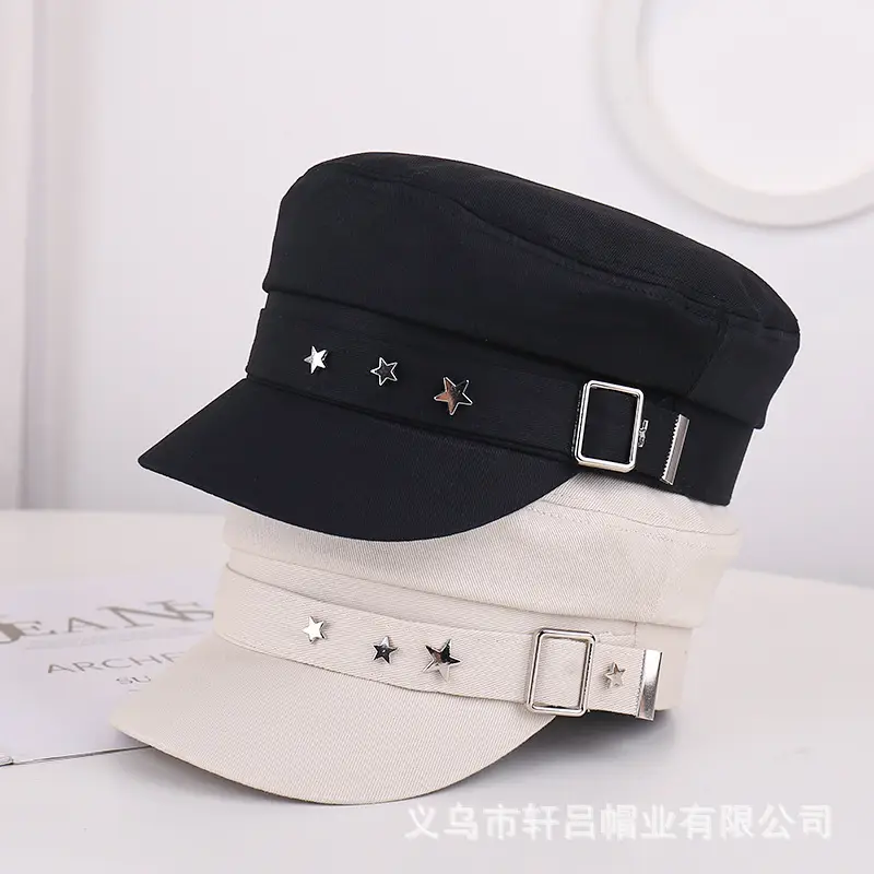 Women's Star Belt Buckle Flat Top Hat Beige