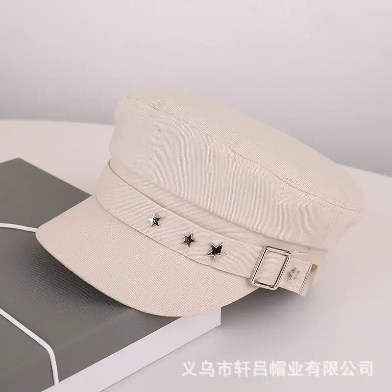 Women's Star Belt Buckle Flat Top Hat Beige