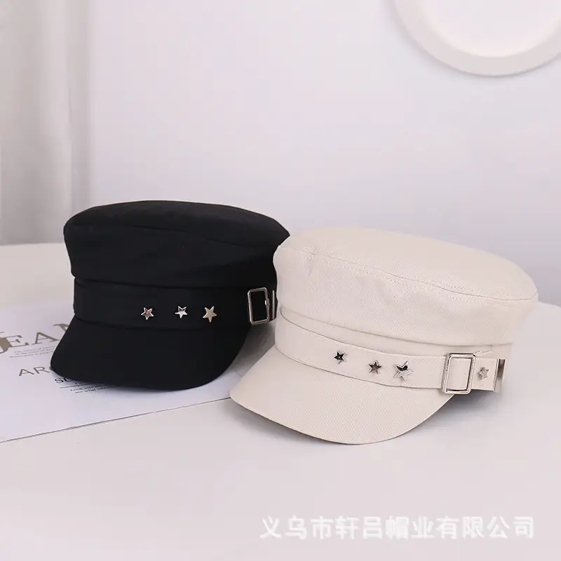 Women's Star Belt Buckle Flat Top Hat Beige